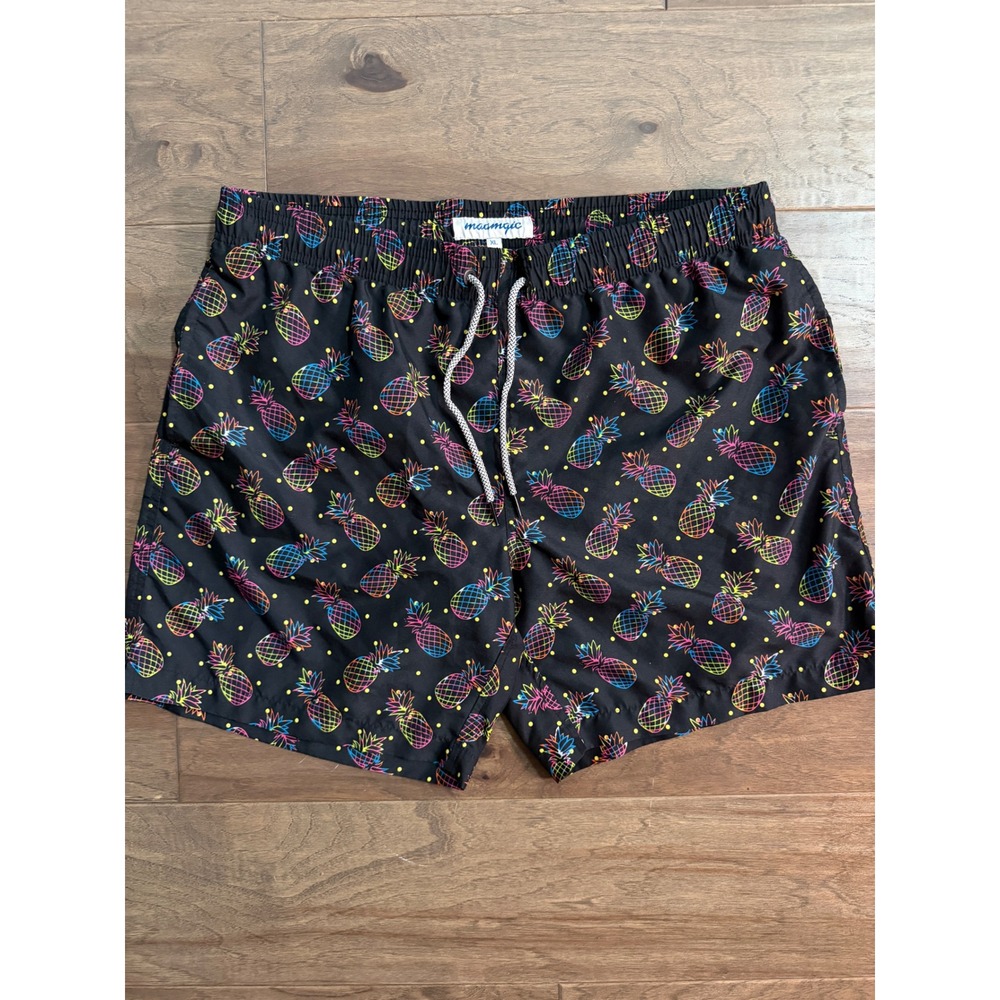 Maamgic Mens XL Swim Trunks Neon Pineapple Black Board Shorts Mesh Lining